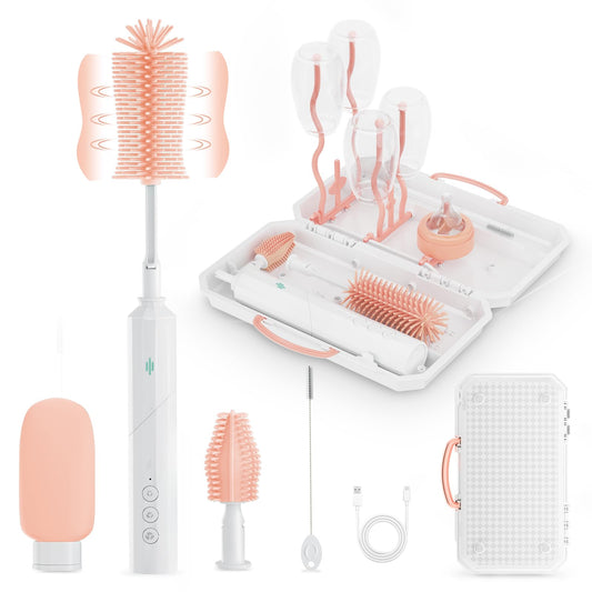 8-in-1 Electric Bottle Brush Cleaner- Baby Bottle Brush Set with Silicone Brush Nipple Brush Straw Brush 90° Rotating Handle Waterproof Rechargeable Travel Bottle Cleaner Kit Pink
